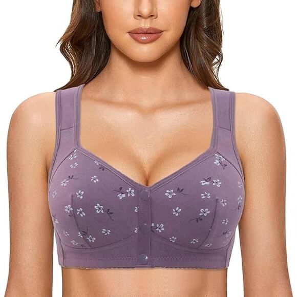 NWT ~ Purple Flowered Front Closure Push Up Senior Full Coverage Bra ~ Size 3X - Picture 1 of 5